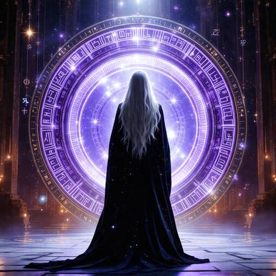 The primary subject of the image is a woman dressed in a long black gown, standing in front of a purple and blue circular object. The setting appears to be a futuristic or fantasy-themed environment, with the woman being the main focus of the scene. The visual style of the image is digital art, with the woman and the circular object being the main elements of the composition. The colors and mood of the image are predominantly purple and blue, creating a sense of mystery and intrigue.